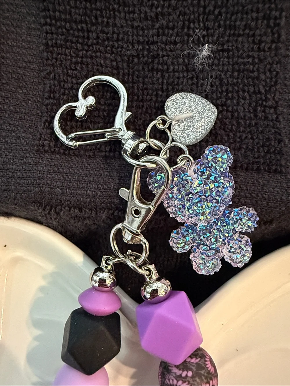 Unbranded Purple Beaded Teddy Key & Card Holder Charm